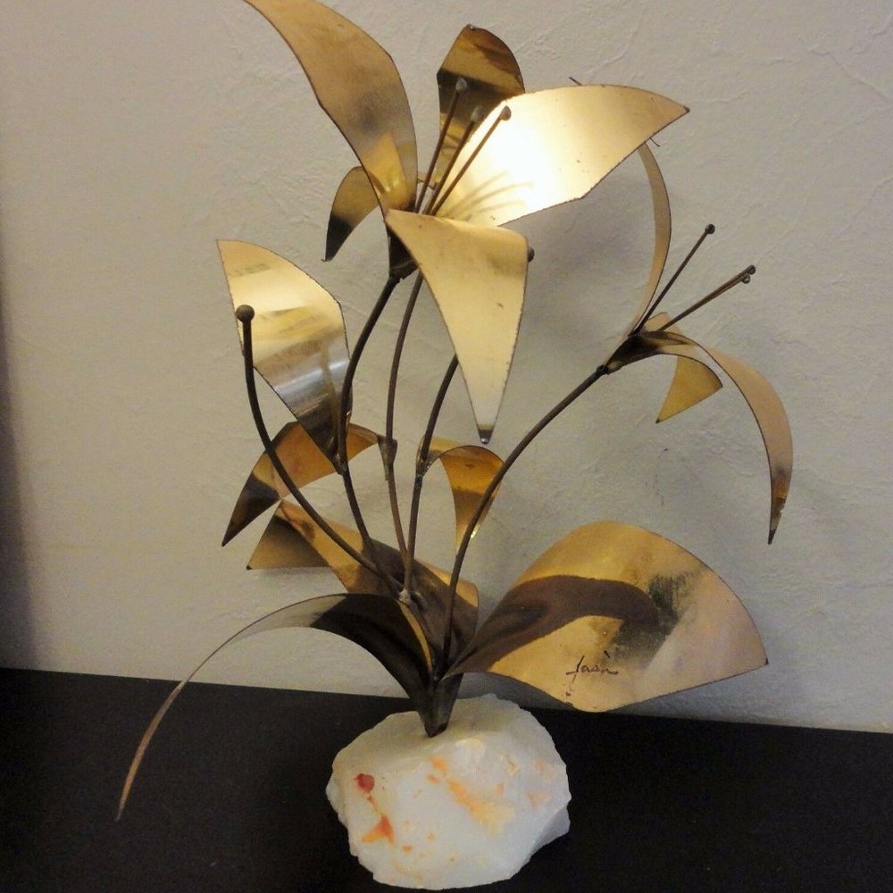 MCM Retro Brutalist Signed Brass Lilies Sculpture Quartz Base Stand